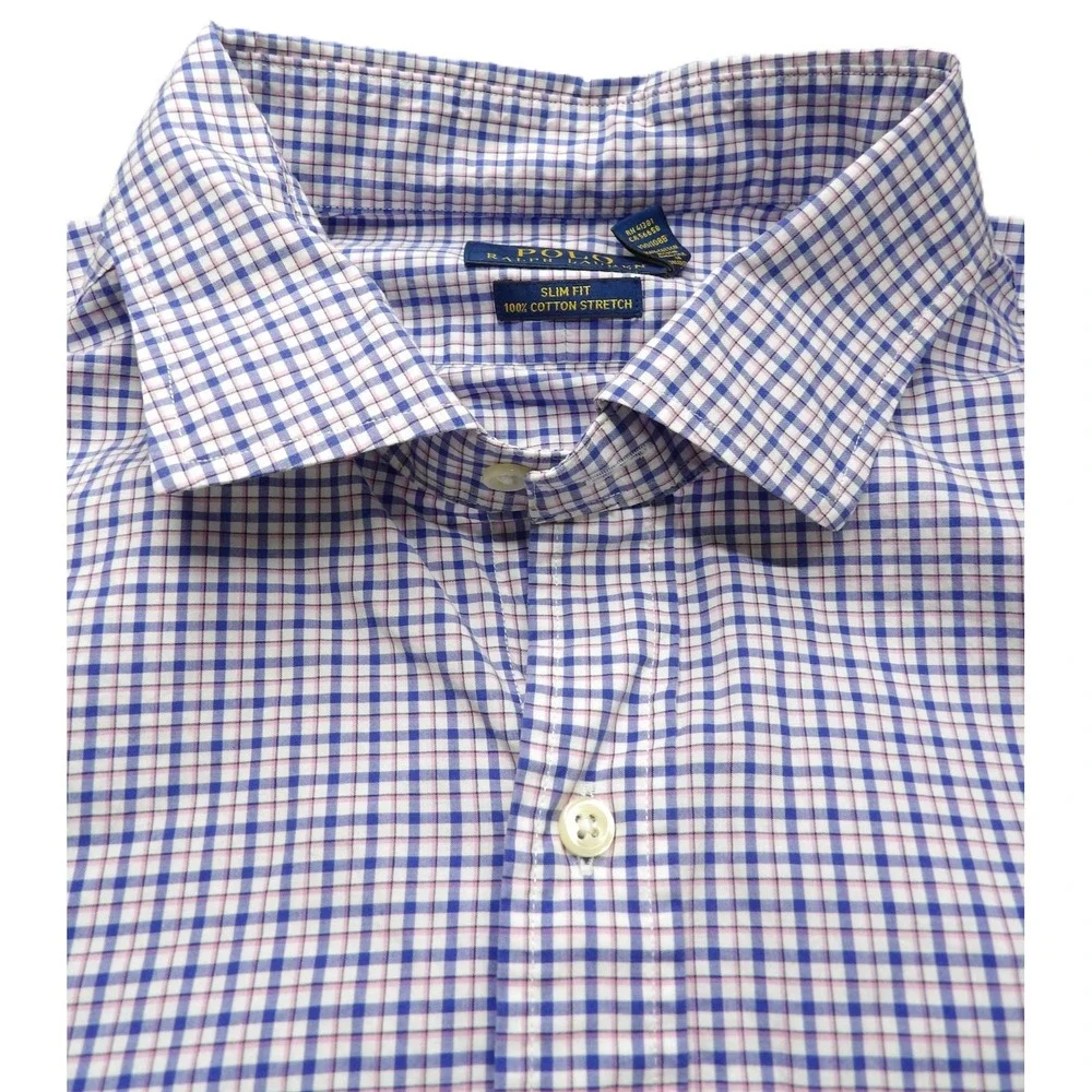 Polo Ralph Lauren Shirt Men XXL Slim Fit Plaid Check Long Sleeves Cotton Stretch